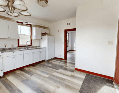 modern kitchen with white cabinets,